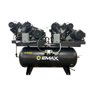 EMAX Duplex  Silent Air Industrial Plus 10HP V4 76CFM 3- Phase 460V 2-Stage 120 Gal. Horizontal Stationary Electric Air Compressor-W/ Pressure Lube Pump , Isolator Pads, Belt Tensioner, Auto Drain, alternating switch