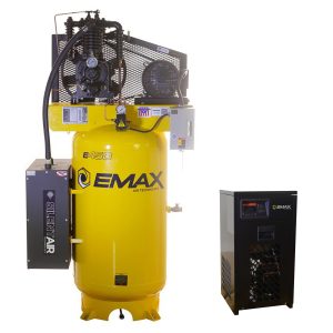 EMAX Silent Air Industrial Plus 5HP 19CFM 3 Phase 208V 2-Stage 80 Gal. Vertical Stationary Electric Air Compressor-W/ Pressure Lube Pump , Isolator Pads, Belt Tensioner, Continuous Run, Auto Drain w/ 30CFM Dryer
