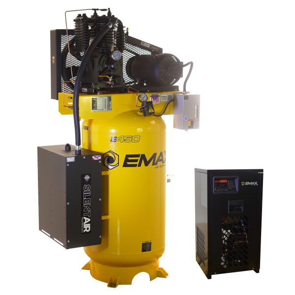 EMAX Silent Air Industrial Plus 5HP 19CFM 3 Phase 208V 2-Stage 80 Gal. Vertical Stationary Electric Air Compressor-W/ Pressure Lube Pump , Isolator Pads, Belt Tensioner, Continuous Run, Auto Drain w/ 30CFM Dryer - Image 4