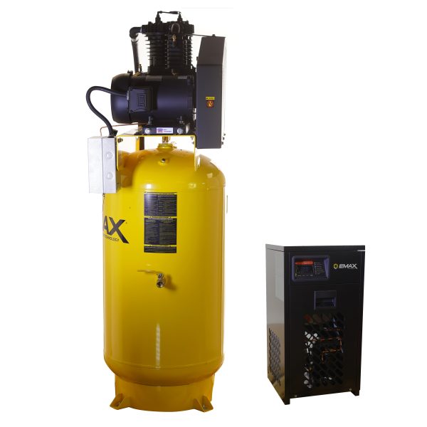 EMAX Silent Air Industrial Plus 5HP 19CFM 3 Phase 208V 2-Stage 80 Gal. Vertical Stationary Electric Air Compressor-W/ Pressure Lube Pump , Isolator Pads, Belt Tensioner, Continuous Run, Auto Drain w/ 30CFM Dryer - Image 3