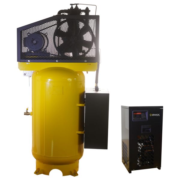 EMAX Silent Air Industrial Plus 5HP 19CFM 3 Phase 208V 2-Stage 80 Gal. Vertical Stationary Electric Air Compressor-W/ Pressure Lube Pump , Isolator Pads, Belt Tensioner, Continuous Run, Auto Drain w/ 30CFM Dryer - Image 2