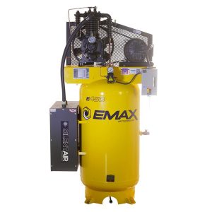 EMAX Silent Air Industrial Plus 5HP 19CFM 3 Phase 208V 2-Stage 80 Gal. Vertical Stationary Electric Air Compressor-W/ Pressure Lube Pump , Isolator Pads, Belt Tensioner, Continuous Run, Auto Drain