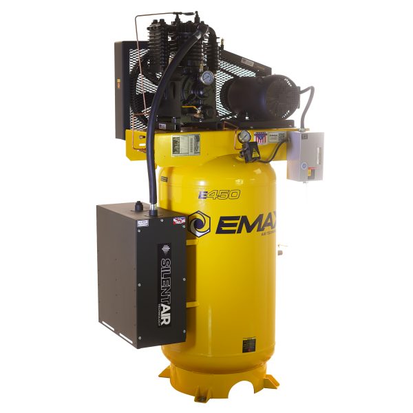 EMAX Silent Air Industrial Plus 5HP 19CFM 3 Phase 2460V 2-Stage 80 Gal. Vertical Stationary Electric Air Compressor-W/ Pressure Lube Pump , Isolator Pads, Belt Tensioner, Continuous Run, Auto Drain - Image 2