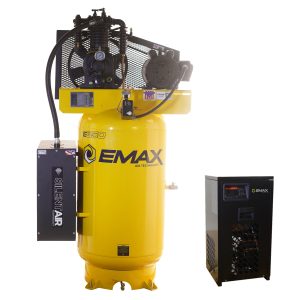 EMAX Silent Air Industrial Plus 5HP 19CFM 1- Phase 2-Stage 80 Gal. Vertical Stationary Electric Air Compressor-W/ Pressure Lube Pump , Isolator Pads, Belt Tensioner, Continuous Run, Auto Drain w/ 30CFM Dryer