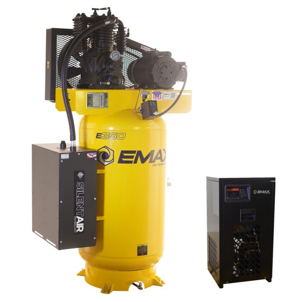 EMAX Silent Air Industrial Plus 5HP 19CFM 1- Phase 2-Stage 80 Gal. Vertical Stationary Electric Air Compressor-W/ Pressure Lube Pump , Isolator Pads, Belt Tensioner, Continuous Run, Auto Drain w/ 30CFM Dryer - Image 5