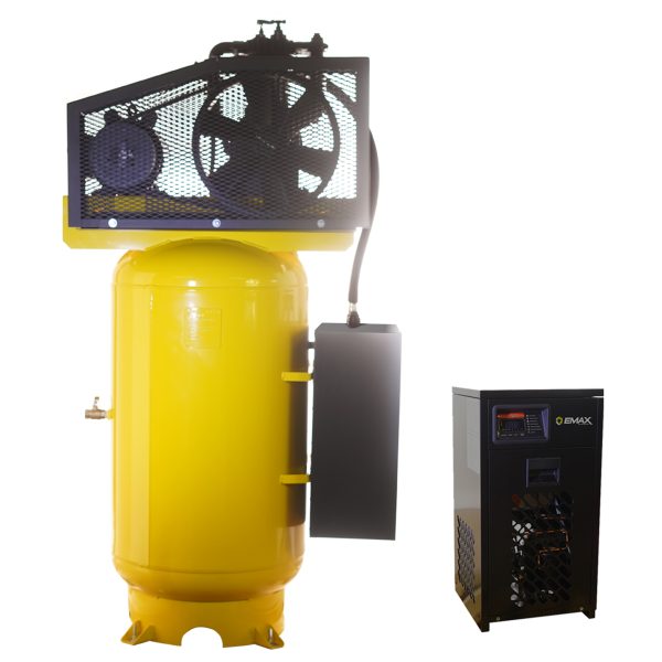 EMAX Silent Air Industrial Plus 5HP 19CFM 1- Phase 2-Stage 80 Gal. Vertical Stationary Electric Air Compressor-W/ Pressure Lube Pump , Isolator Pads, Belt Tensioner, Continuous Run, Auto Drain w/ 30CFM Dryer - Image 4