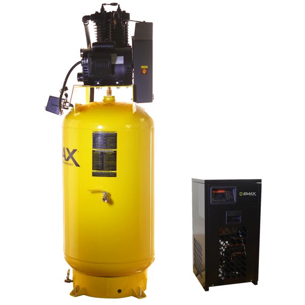 EMAX Silent Air Industrial Plus 5HP 19CFM 1- Phase 2-Stage 80 Gal. Vertical Stationary Electric Air Compressor-W/ Pressure Lube Pump , Isolator Pads, Belt Tensioner, Continuous Run, Auto Drain w/ 30CFM Dryer - Image 3