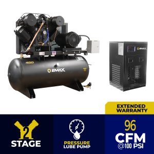 EMAX Industrial Plus 20HP V4 82CFM 3 Phase 460V 2-Stage 120 Gal. Horizontal Stationary Electric Air Compressor-W/ Pressure Lube Pump , Isolator Pads, Belt Tensioner, Continuous Run, Auto Drain w/ 115CFM Dryer