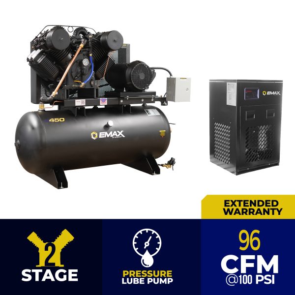 EMAX Industrial Plus 20HP V4 82CFM 3 Phase 460V 2-Stage 120 Gal. Horizontal Stationary Electric Air Compressor-W/ Pressure Lube Pump , Isolator Pads, Belt Tensioner, Continuous Run, Auto Drain w/ 115CFM Dryer