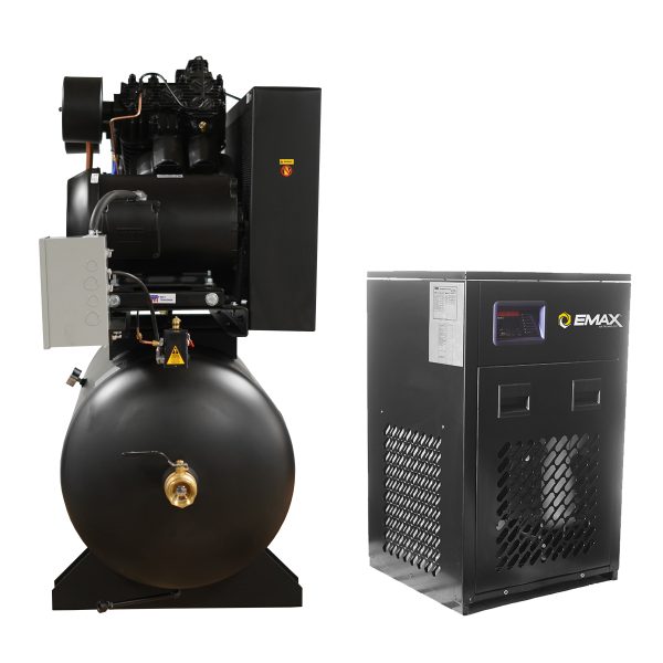 EMAX Industrial Plus 20HP V4 82CFM 3 Phase 460V 2-Stage 120 Gal. Horizontal Stationary Electric Air Compressor-W/ Pressure Lube Pump , Isolator Pads, Belt Tensioner, Continuous Run, Auto Drain w/ 115CFM Dryer - Image 5
