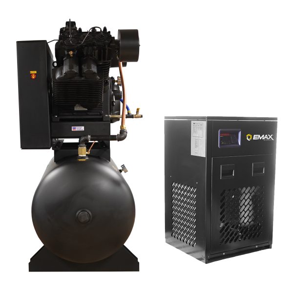 EMAX Industrial Plus 20HP V4 82CFM 3 Phase 460V 2-Stage 120 Gal. Horizontal Stationary Electric Air Compressor-W/ Pressure Lube Pump , Isolator Pads, Belt Tensioner, Continuous Run, Auto Drain w/ 115CFM Dryer - Image 4