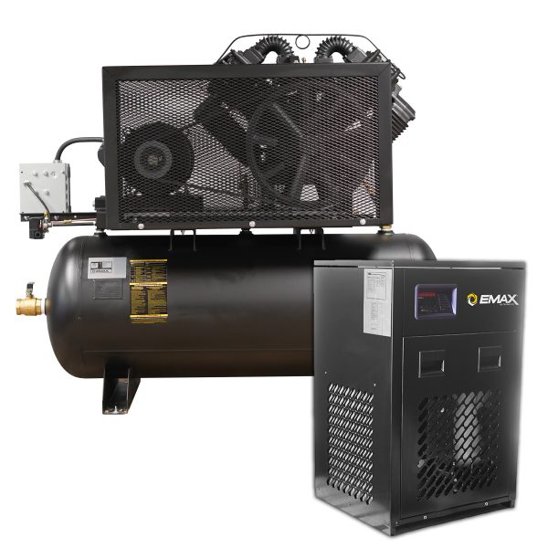 EMAX Industrial Plus 20HP V4 82CFM 3 Phase 460V 2-Stage 120 Gal. Horizontal Stationary Electric Air Compressor-W/ Pressure Lube Pump , Isolator Pads, Belt Tensioner, Continuous Run, Auto Drain w/ 115CFM Dryer - Image 3