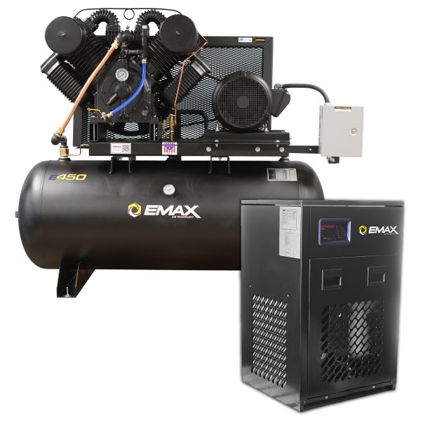 EMAX Industrial Plus 20HP V4 82CFM 3 Phase 460V 2-Stage 120 Gal. Horizontal Stationary Electric Air Compressor-W/ Pressure Lube Pump , Isolator Pads, Belt Tensioner, Continuous Run, Auto Drain w/ 115CFM Dryer - Image 2