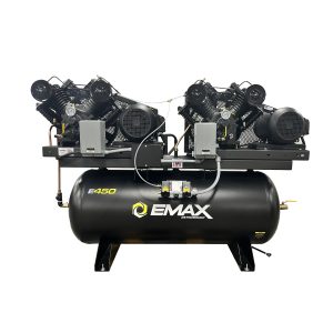 EMAX Duplex  Silent Air Industrial Plus 10HP V4 76CFM 3- Phase 208V 2-Stage 120 Gal. Horizontal Stationary Electric Air Compressor-W/ Pressure Lube Pump , Isolator Pads, Belt Tensioner, Auto Drain, alternating switch