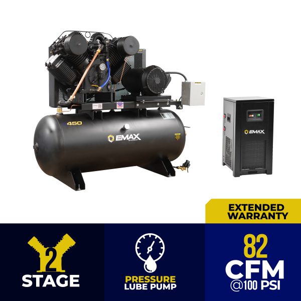 EMAX Industrial Plus 20HP V4 82CFM 3 Phase 208V 2-Stage 120 Gal. Horizontal Stationary Electric Air Compressor-W/ Pressure Lube Pump , Isolator Pads, Belt Tensioner, Continuous Run, Auto Drain w/ 115CFM Dryer - Image 3