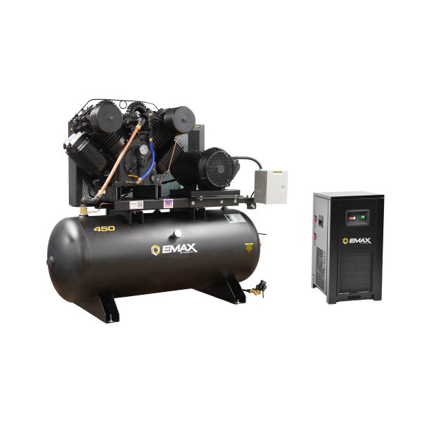 EMAX Industrial Plus 20HP V4 82CFM 3 Phase 208V 2-Stage 120 Gal. Horizontal Stationary Electric Air Compressor-W/ Pressure Lube Pump , Isolator Pads, Belt Tensioner, Continuous Run, Auto Drain w/ 115CFM Dryer
