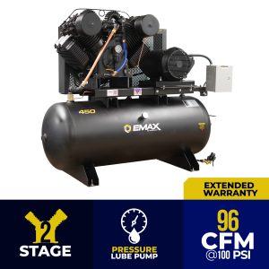 EMAX Industrial Plus 25HP V4 96CFM 3 Phase 208V 2-Stage 120 Gal. Horizontal Stationary Electric Air Compressor-W/ Pressure Lube Pump , Isolator Pads, Belt Tensioner, Continuous Run, Auto Drain w/ 115CFM Dryer