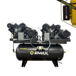 EMAX DUPLEX 7.5HP / 15HP V4 62CFM 1Phase W/Radiator After Coolers- 2-Stage 120 Gal. Horizontal Stationary Electric Air Compressor-W/ Pressure Lube Pump , Isolator Pads, Belt Tensioner, Auto Drain, alternating switch