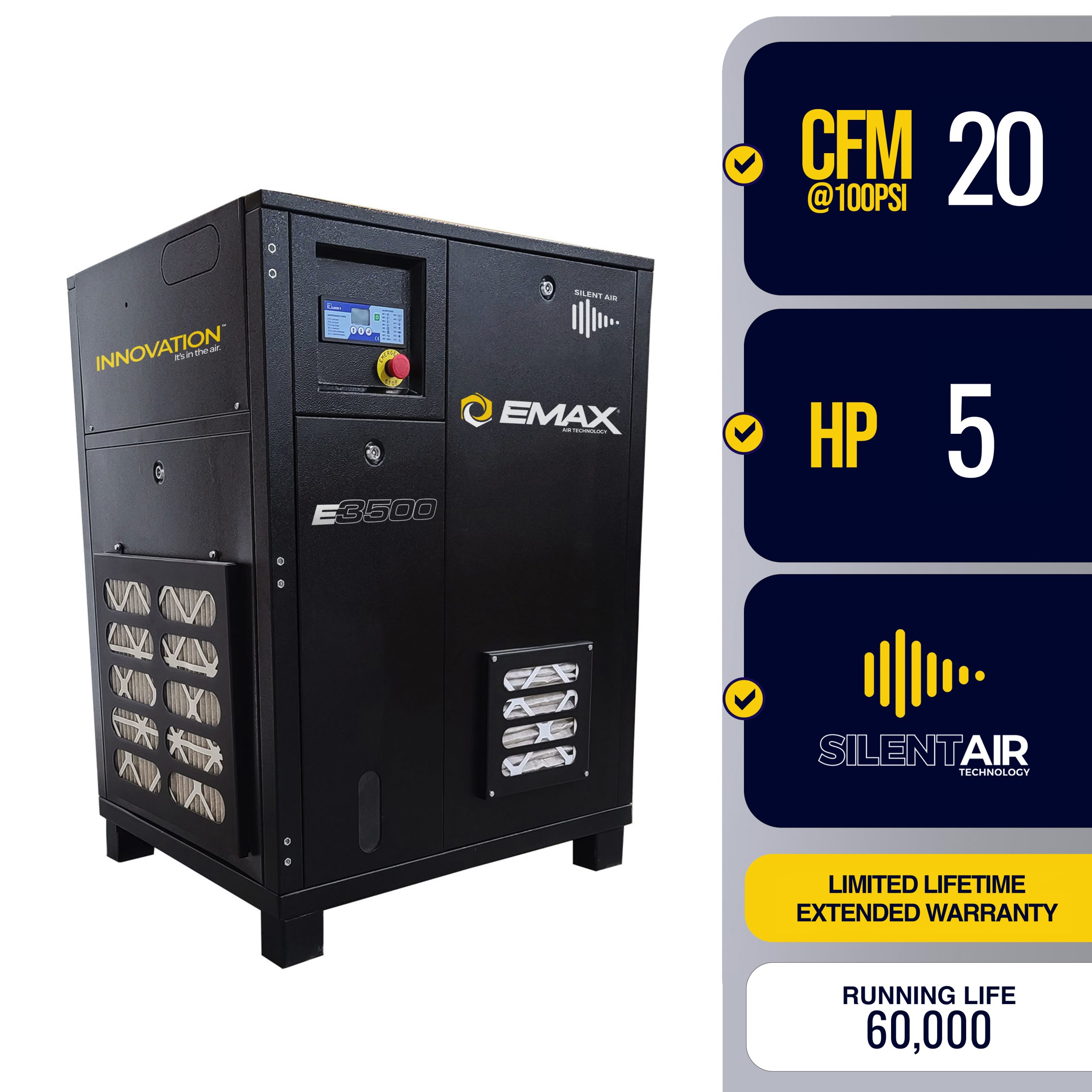 EMAX 5HP 1PH 19CFM Fixed Speed Industrial Rotary Screw Compressor-Cabinet Only -60,000 HR pump life