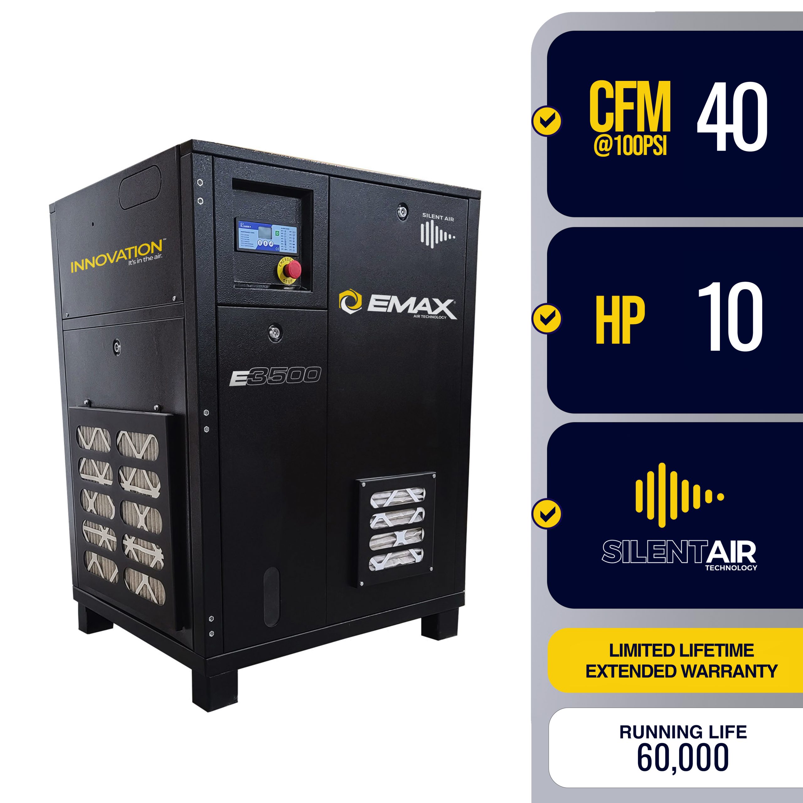 EMAX 10HP 1PH 39CFM Fixed Speed Industrial Rotary Screw Compressor-Cabinet Only -60,000 HR pump life