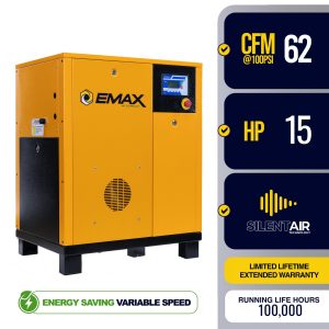 EMAX 15HP 3 Phase Variable Speed Rotary Screw Air Compressor – 62 CFM Industrial Air Compressor, 208V, Energy Efficient, 100,000-Hour Airend Life, Cabinet Only