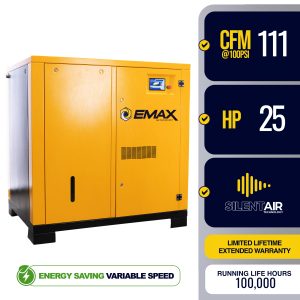 EMAX 25HP 3PH 208V 109CFM Energy Efficient Variable Speed Industrial Rotary Screw Compressor-Cabinet Only -100,000 HR pump life