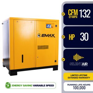 EMAX 30HP 3PH 208V 129CFM Energy Efficient Variable Speed Industrial Rotary Screw Compressor-Cabinet Only -100,000 HR pump life
