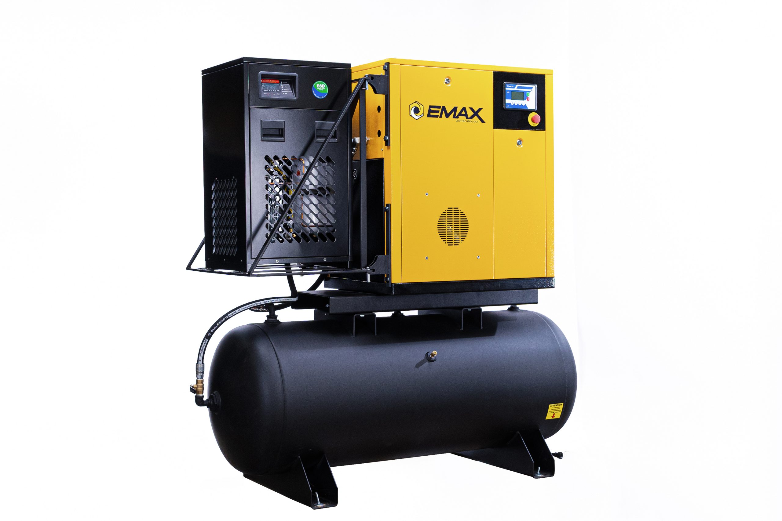 EMAX 7.5HP 1PH 29CFM Rotary Screw Swing Arm :: 30CFM Dryer :: 120 Gallon Horizontal Tank - Matte Black w/ Auto Drain & Hydraulic Hoses