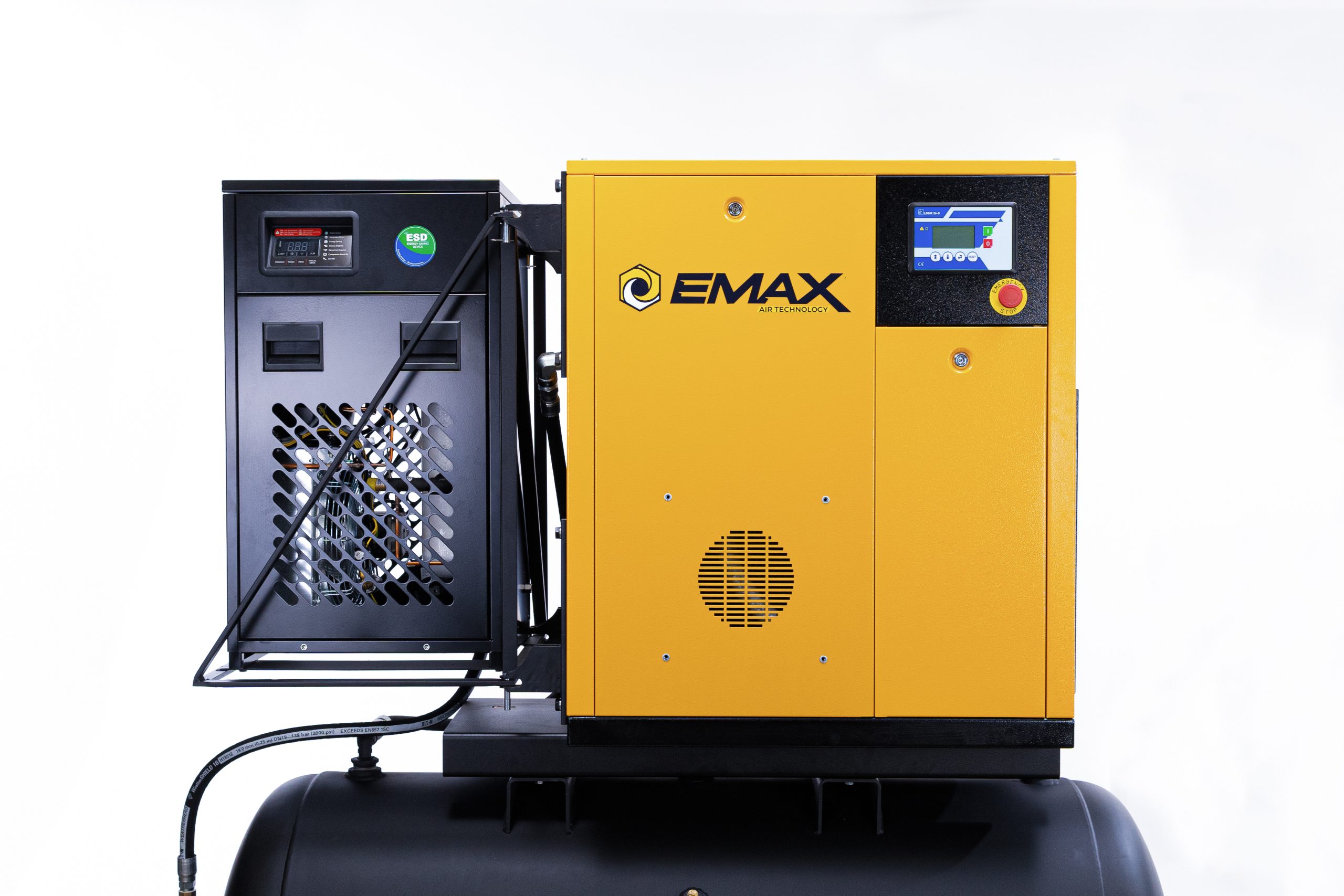EMAX 7.5HP 1PH 29CFM Rotary Screw Swing Arm :: 30CFM Dryer :: 120 Gallon Horizontal Tank - Matte Black w/ Auto Drain & Hydraulic Hoses - Image 4
