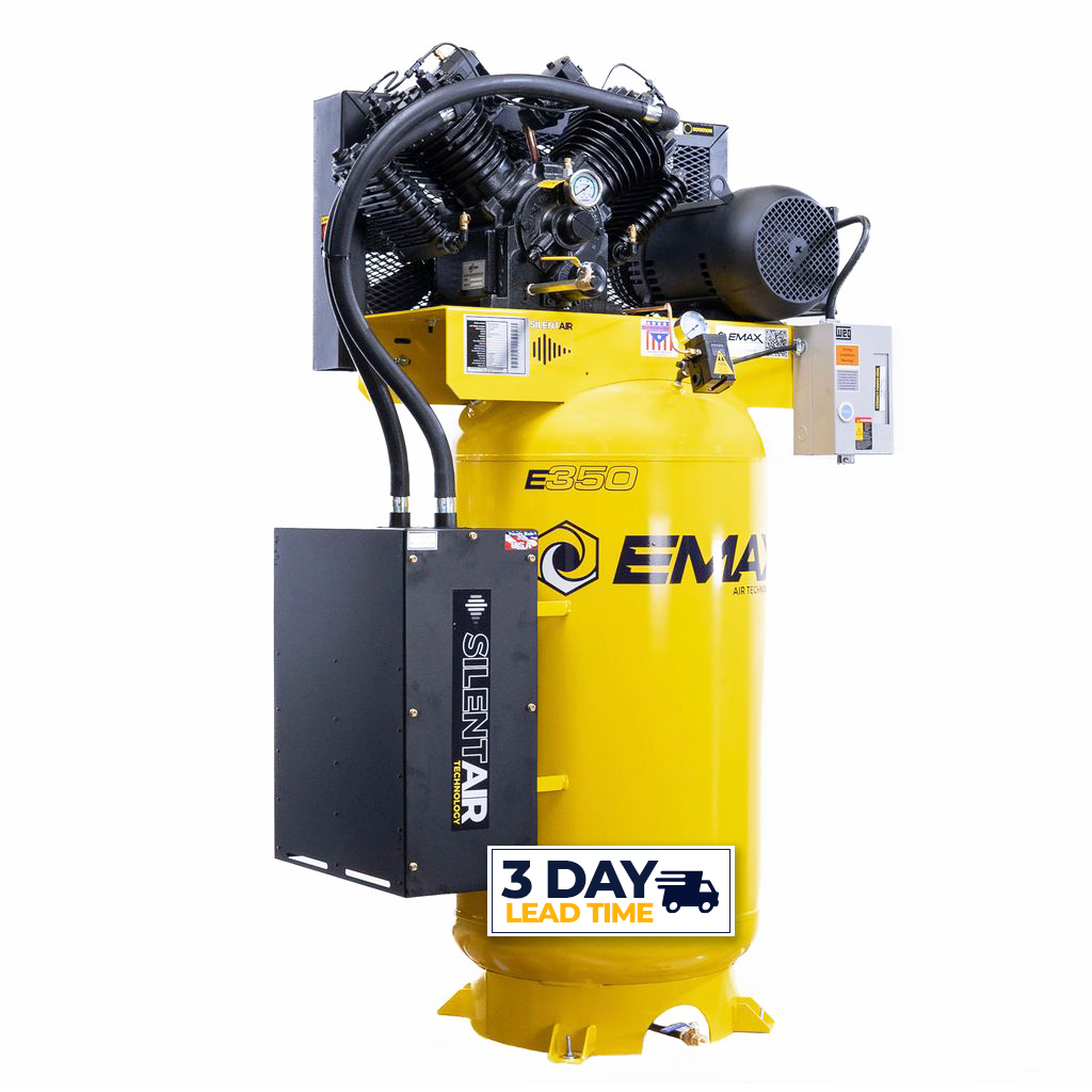 EMAX Silent Air Industrial 10HP V4 Two Stage 1Ph 38CFM 80 Gallon Air Compressor w/isolator pads - Splash Lubricated, w/isolator pads