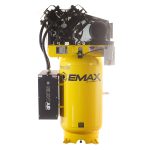 EMAX Silent Air Industrial  7.5HP 31CFM 1 Phase  2-Stage 80 Gal. Vertical Stationary Electric Air Compressor-W/ Pressure Lube Pump , Isolator Pads, Belt Tensioner, Continuous Run, Auto Drain  W/Radiator After Coolers