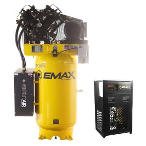 EMAX Silent Air Industrial  7.5HP 31CFM 3 Phase 460V 2-Stage 80 Gal. W/Radiator After Coolers Vertical Stationary Electric Air Compressor-W/ Pressure Lube Pump , Isolator Pads, Belt Tensioner, Continuous Run, Auto Drain, Bundled w/ 58CFM Refrigerated Air Dryer