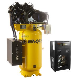 EMAX Silent Air Industrial  10HP V4 38CFM 3- Phase 208/230V 2-Stage 120 Gal. W/Radiator After Coolers Vertical Stationary Electric Air Compressor-W/ Pressure Lube Pump , Isolator Pads, Belt Tensioner, Continuous Run, Auto Drain Bundled w/ 58CFM Refrigerated Air Dryer
