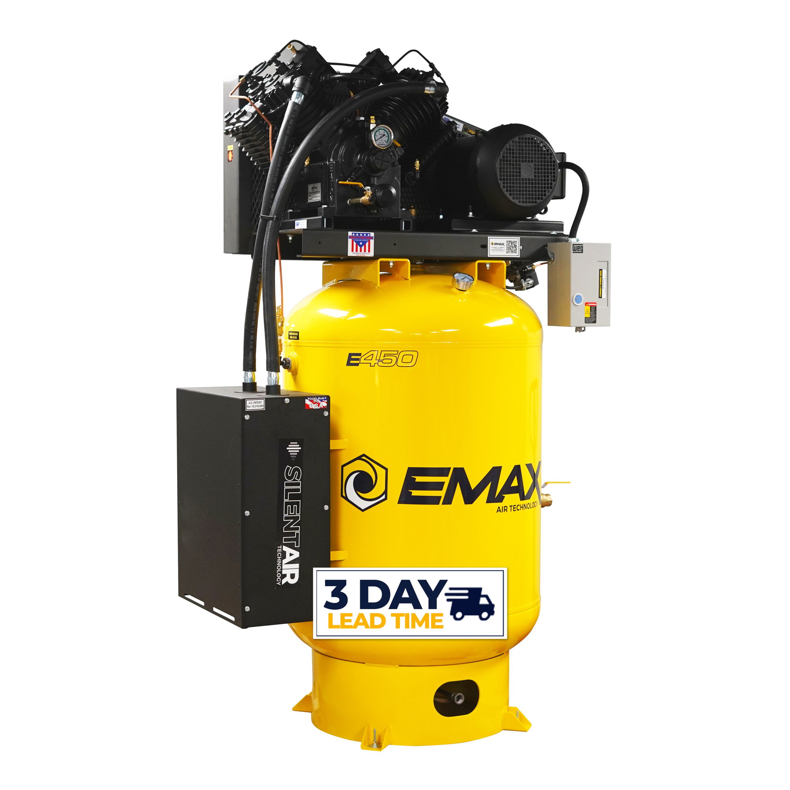 EMAX Silent Air Industrial Plus 10HP V4 38CFM 1- Phase 2-Stage 120 Gal. Vertical Stationary Electric Air Compressor-W/ Pressure Lube Pump , Isolator Pads, Belt Tensioner, Continuous Run, Auto Drain