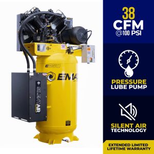 EMAX Silent Air Industrial  10HP 38CFM 1-Phase 80 gal. Vertical  Industrial Electric Air Compressor-w/Pressure Lube Pump,w/Isolator Pads