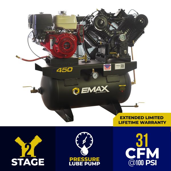 EMAX Honda GX Gas Driven w/Electric Start 13 HP V4 28CFM Pressure Lubricated 30 Gal.Truck Mount Stationary Air Compressor