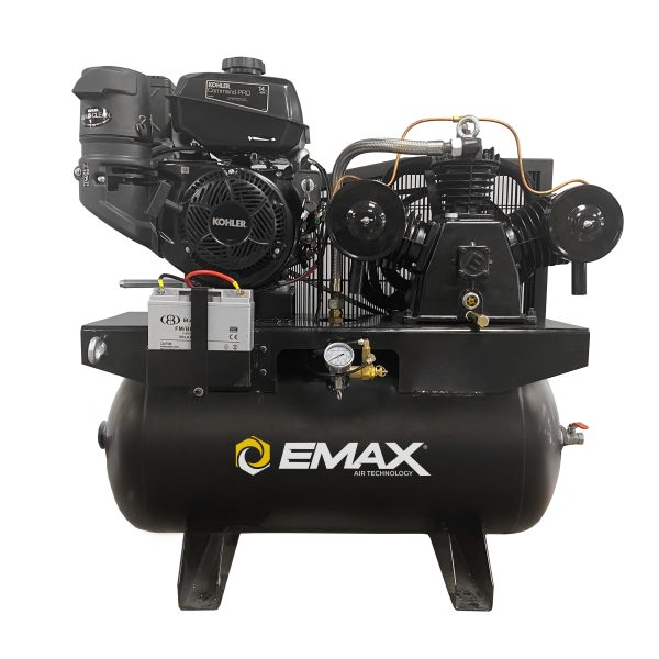 EMAX Kohler Command Pro Gas Driven w/Electric Start 14 HP 3Cyl 24CFM Splash Lubricated 30 Gal.Truck Mount Stationary Air Compressor