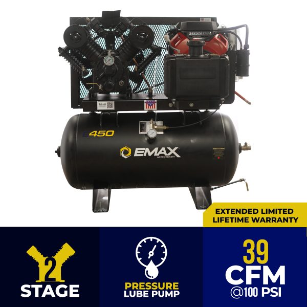 EMAX Honda GX Gas Driven w/Electric Start 18 HP V4 39CFM Pressure Lubricated 30 Gal.Truck Mount Stationary Air Compressor
