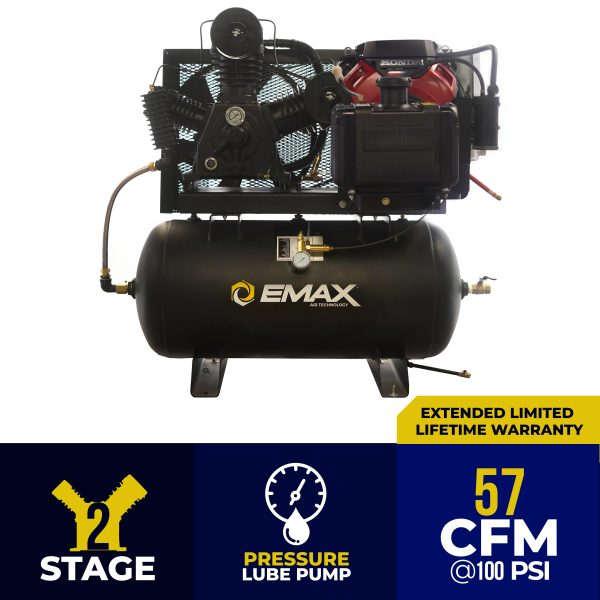 EMAX Honda GX Gas Driven w/Electric Start 24HP V4 57CFM Pressure Lubricated 60 Gal.Truck Mount Stationary Air Compressor