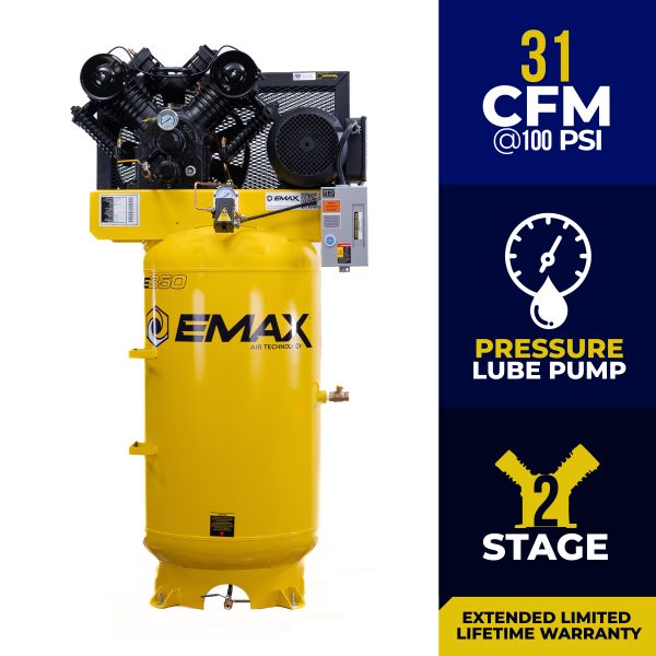 EMAX Industrial  7.5HP 31CFM 1-Phase 2 Stage 80 gal.Vertical Stationary Electric Air Compressor-w/Pressure Lube Pump,w/Isolator Pads