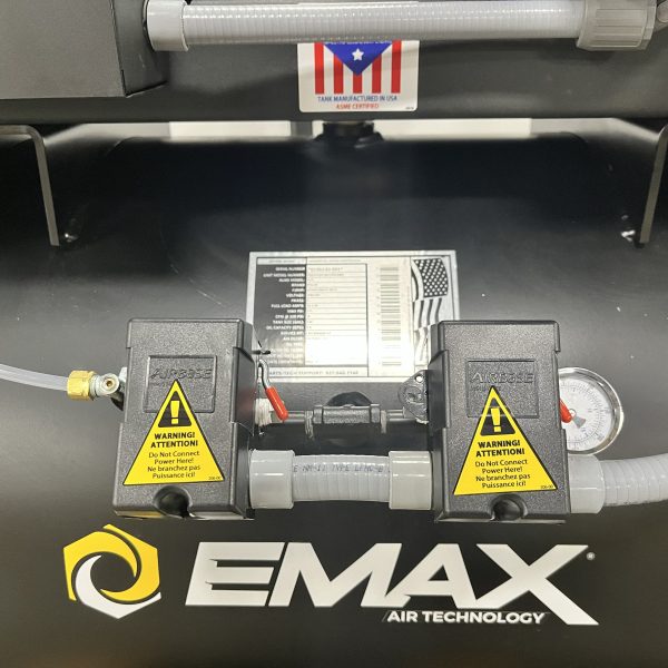 EMAX DUPLEX Industrial Plus 10HP V4 76CFM 3- Phase 460V 2-Stage 120 Gal. Horizontal Stationary Electric Air Compressor-W/ Pressure Lube Pump , Isolator Pads, Belt Tensioner, Auto Drain, alternating switch w/ 115CFM Dryer - Image 5