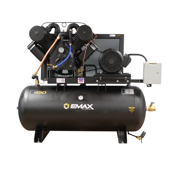 EMAX Industrial Plus 25HP V4 96CFM 3 Phase 208V 2-Stage 120 Gal. Horizontal Stationary Electric Air Compressor-W/ Pressure Lube Pump , Isolator Pads, Belt Tensioner, Continuous Run, Auto Drain w/ 115CFM Dryer - Image 5