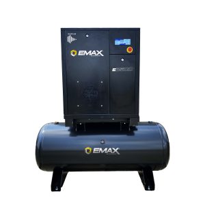 EMAX 15HP 3PH 208V 56CFM Fixed Speed Industrial Rotary Screw Compressor mounted on a 120 Gal horizontal tank