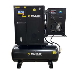 EMAX 7.5HP 3PH 208V 29CFM Rotary Screw Swing Arm :: 30CFM Dryer :: 120 Gallon Horizontal Tank - Matte Black w/ Auto Drain & Hydraulic Hoses