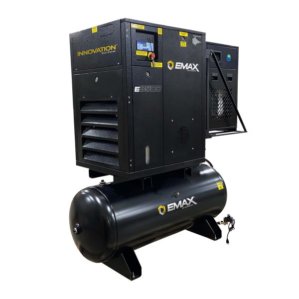 EMAX 7.5HP 3PH 208V 29CFM Rotary Screw Swing Arm :: 30CFM Dryer :: 120 Gallon Horizontal Tank - Matte Black w/ Auto Drain & Hydraulic Hoses - Image 3
