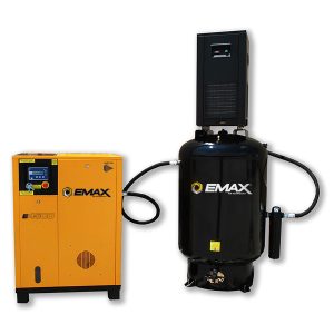 EMAX 7.5HP 3PH 460V 29CFM Energy Efficient Variable Speed Rotary Screw Compressor Package :: 30CFM Air Dryer :: 120 Gallon Vertical Tank -  w/ Auto Drain & Hydraulic Hose