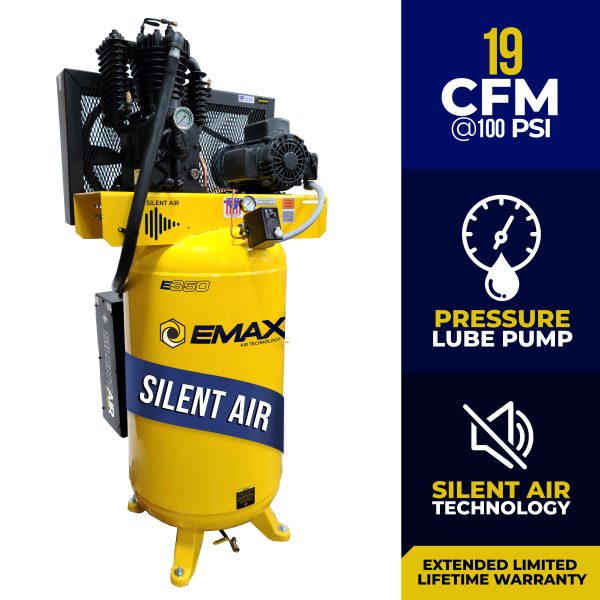 EMAX Silent Air Industrial  5HP 19CFM 1- Phase 2-Stage 80 Gal. Vertical Stationary Electric Air Compressor-w/ Pressure Lube Pump, w/ Isolator Pads