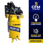 EMAX Silent Air Industrial Plus 5HP 19CFM 1- Phase 2-Stage 80 Gal. Vertical Stationary Electric Air Compressor-W/ Pressure Lube Pump , Isolator Pads, Belt Tensioner, Continuous Run, Auto Drain