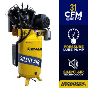 EMAX Silent Air Industrial Plus 7.5HP 31CFM 1- Phase 2-Stage 80 Gal. Vertical Stationary Electric Air Compressor-W/ Pressure Lube Pump , Isolator Pads, Belt Tensioner, Continuous Run, Auto Drain