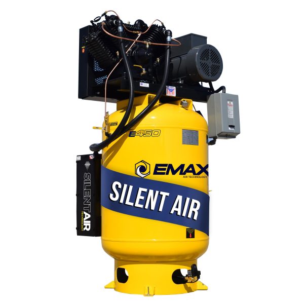 EMAX Silent Air Industrial Plus 7.5HP 31CFM 3 Phase 2460V 2-Stage 120 Gal. Vertical Stationary Electric Air Compressor-W/ Pressure Lube Pump , Isolator Pads, Belt Tensioner, Continuous Run, Auto Drain